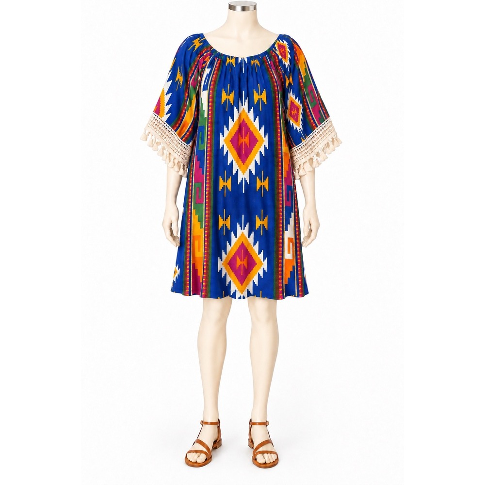 2B Together Southwestern Geometric Boho Tassel Mini Dress Blue Multi Medium
